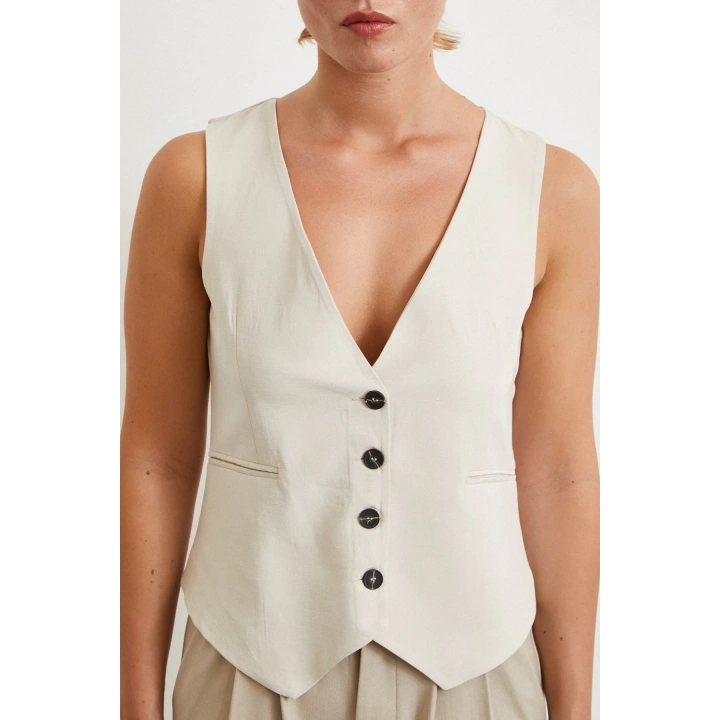 Cep Kapaklı Keten Yelek Krem