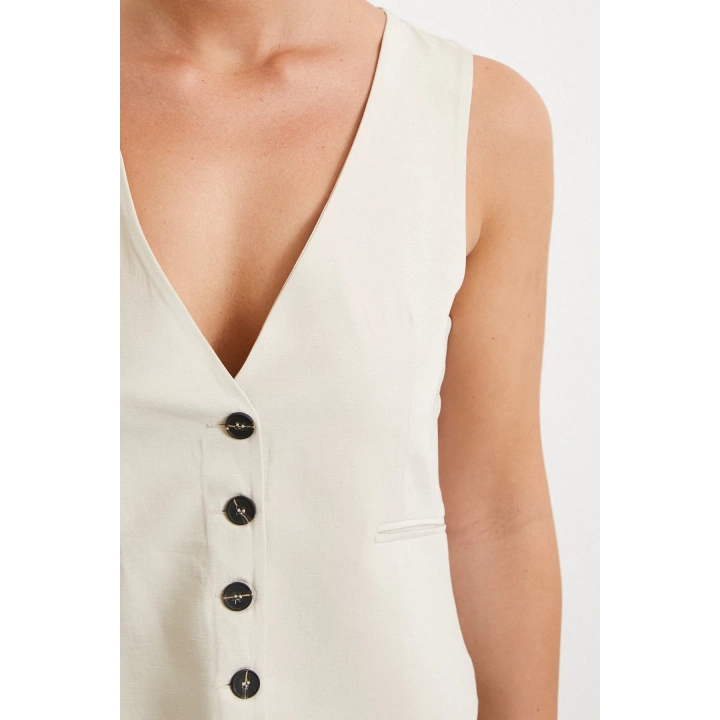 Cep Kapaklı Keten Yelek Krem