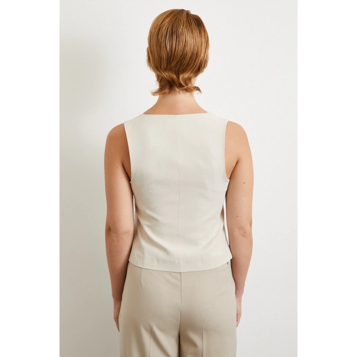 Cep Kapaklı Keten Yelek Krem