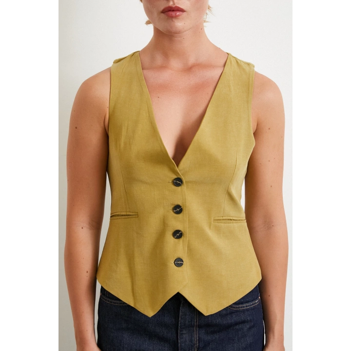 Cep Kapaklı Keten Yelek Olive