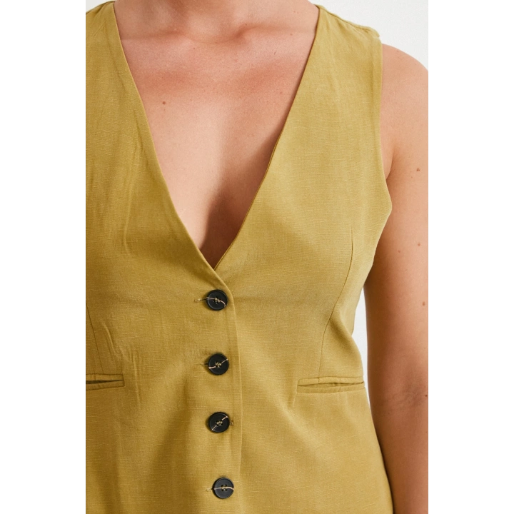 Cep Kapaklı Keten Yelek Olive