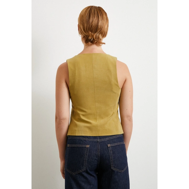 Cep Kapaklı Keten Yelek Olive