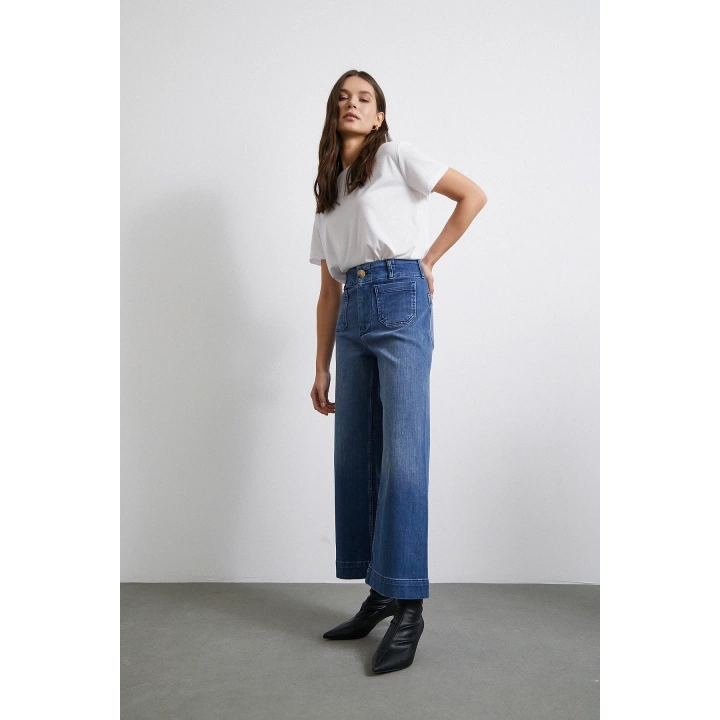 Cep Ve Düğme Detaylı Wide Leg Jean Mavi