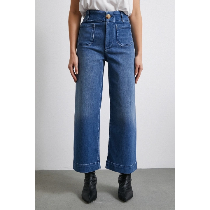 Cep Ve Düğme Detaylı Wide Leg Jean Mavi