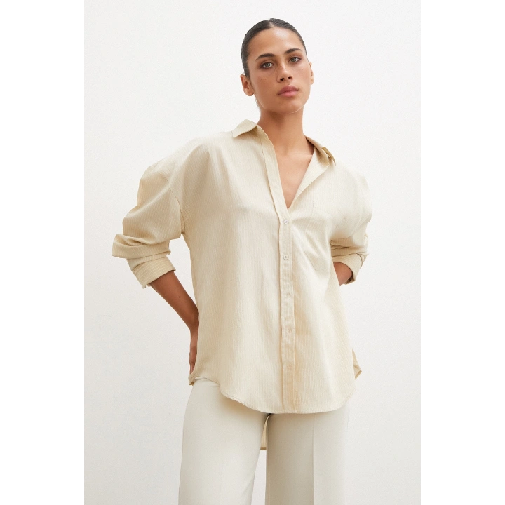 Cepli Çizgili Gömlek Bej