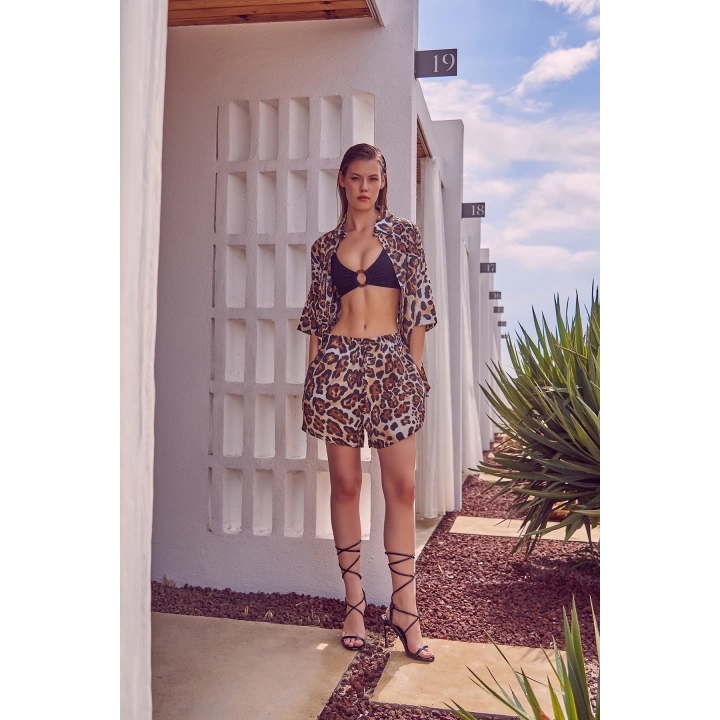 Cepli Leopar Desenli Şortlu Takım Haki