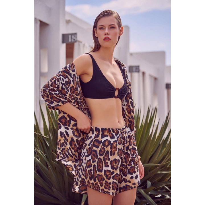 Cepli Leopar Desenli Şortlu Takım Haki