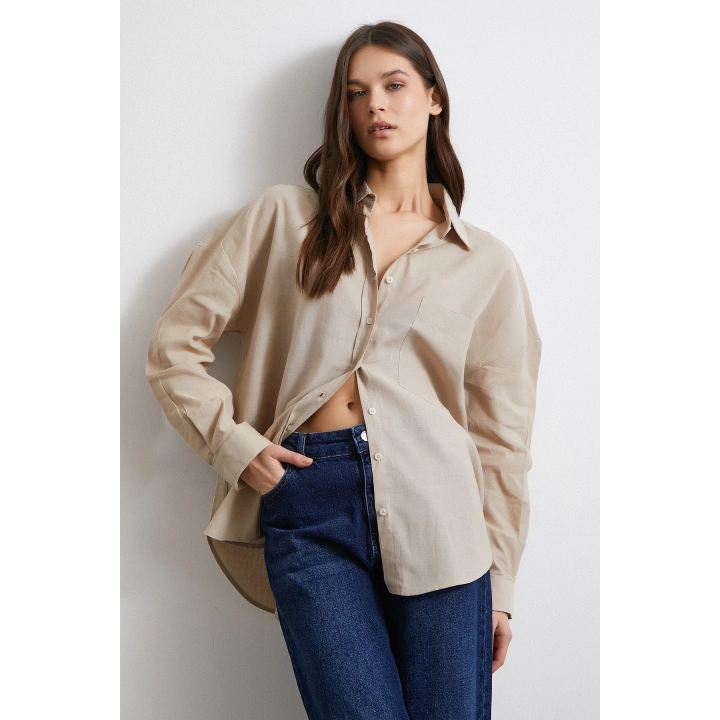 Cepli Oversize Keten Gömlek Bej