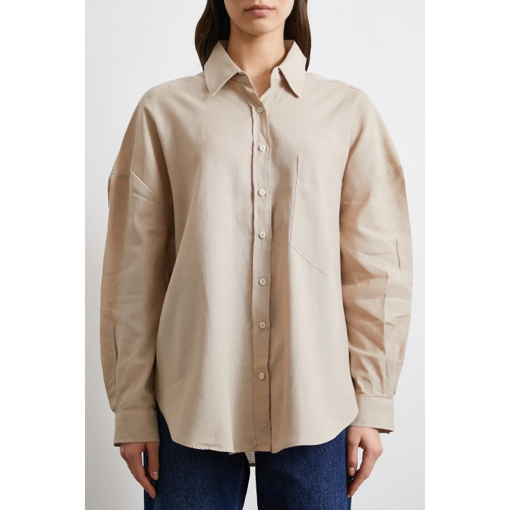 Cepli Oversize Keten Gömlek Bej