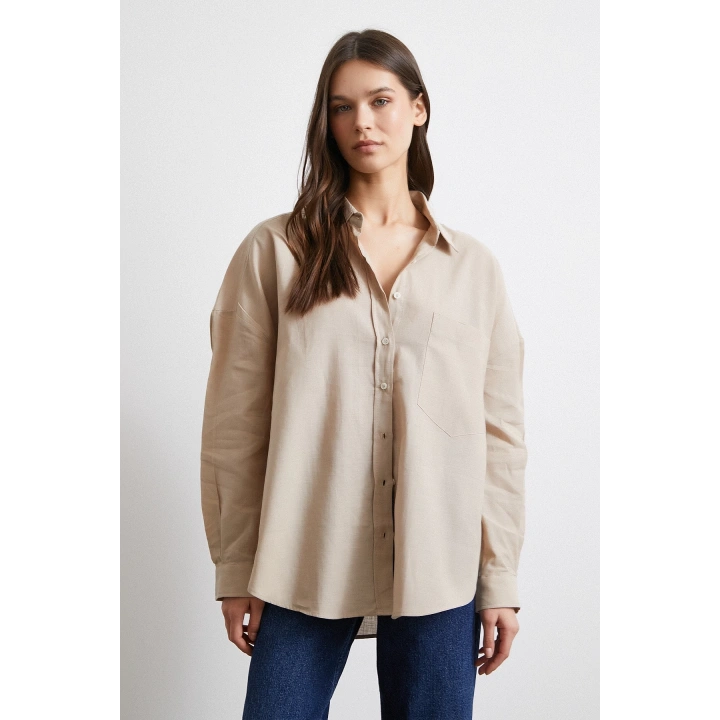 Cepli Oversize Keten Gömlek Bej