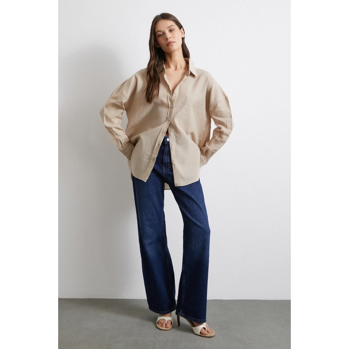 Cepli Oversize Keten Gömlek Bej
