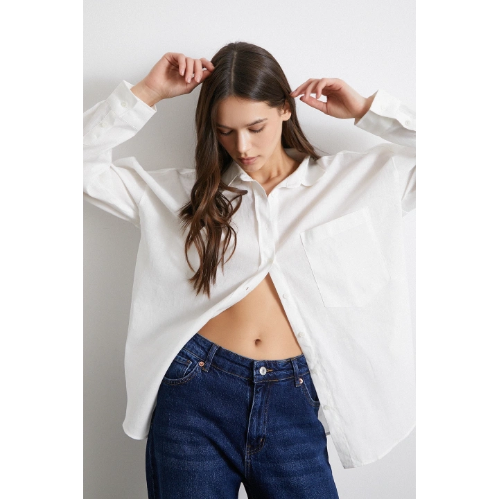 Cepli Oversize Keten Gömlek Ekru