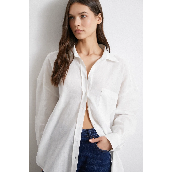 Cepli Oversize Keten Gömlek Ekru