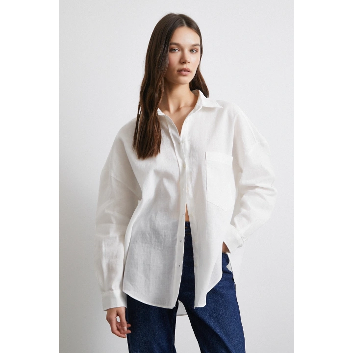 Cepli Oversize Keten Gömlek Ekru