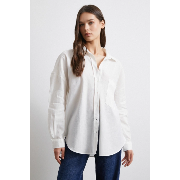 Cepli Oversize Keten Gömlek Ekru