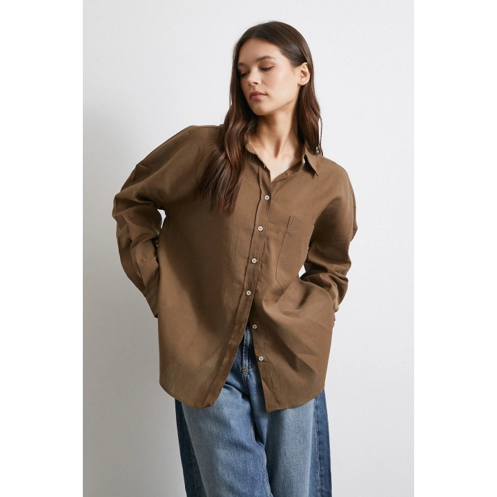 Cepli Oversize Keten Gömlek Kahve