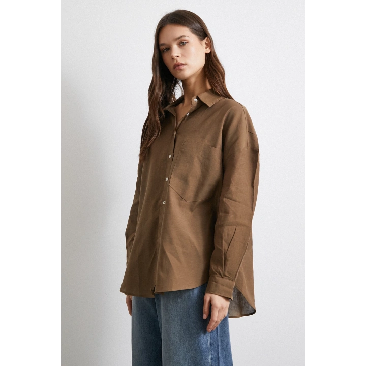 Cepli Oversize Keten Gömlek Kahve