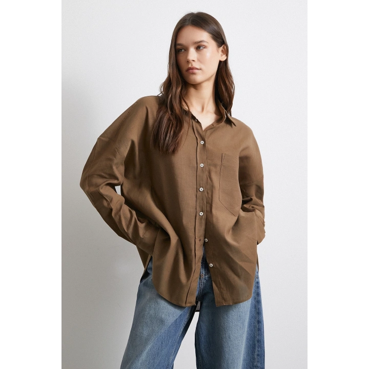 Cepli Oversize Keten Gömlek Kahve