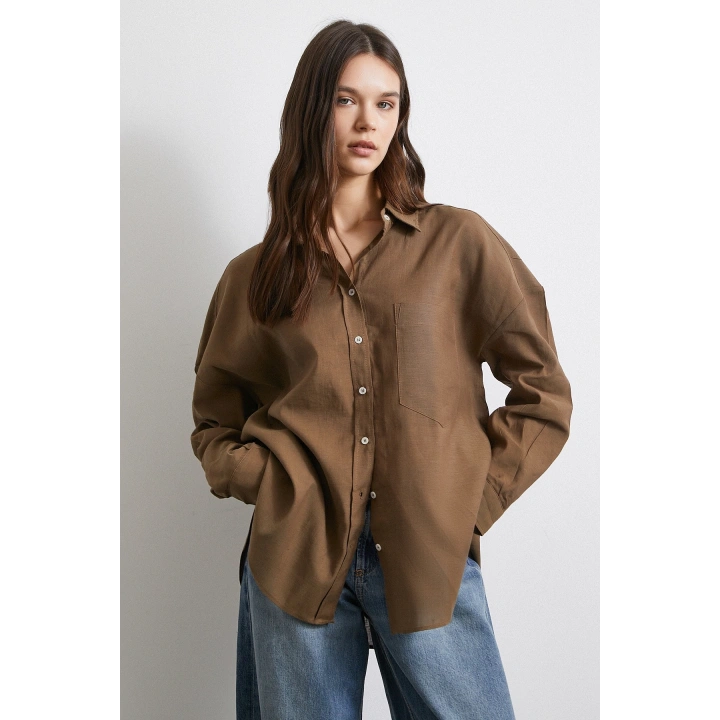 Cepli Oversize Keten Gömlek Kahve