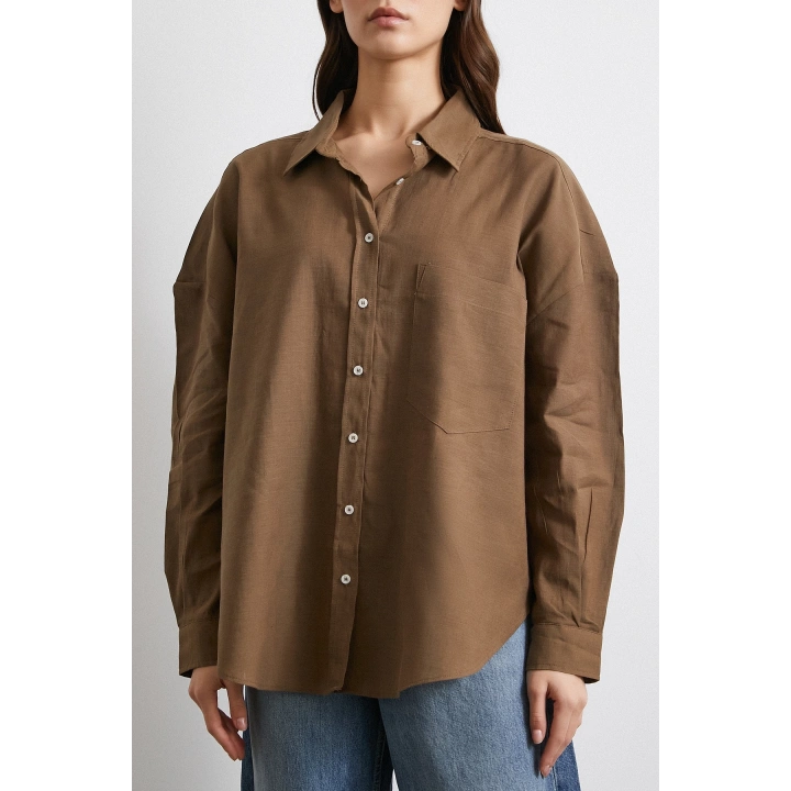 Cepli Oversize Keten Gömlek Kahve
