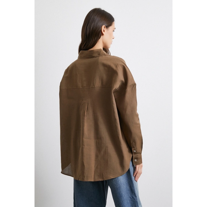 Cepli Oversize Keten Gömlek Kahve