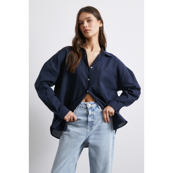 Cepli Oversize Keten Gömlek Lacivert