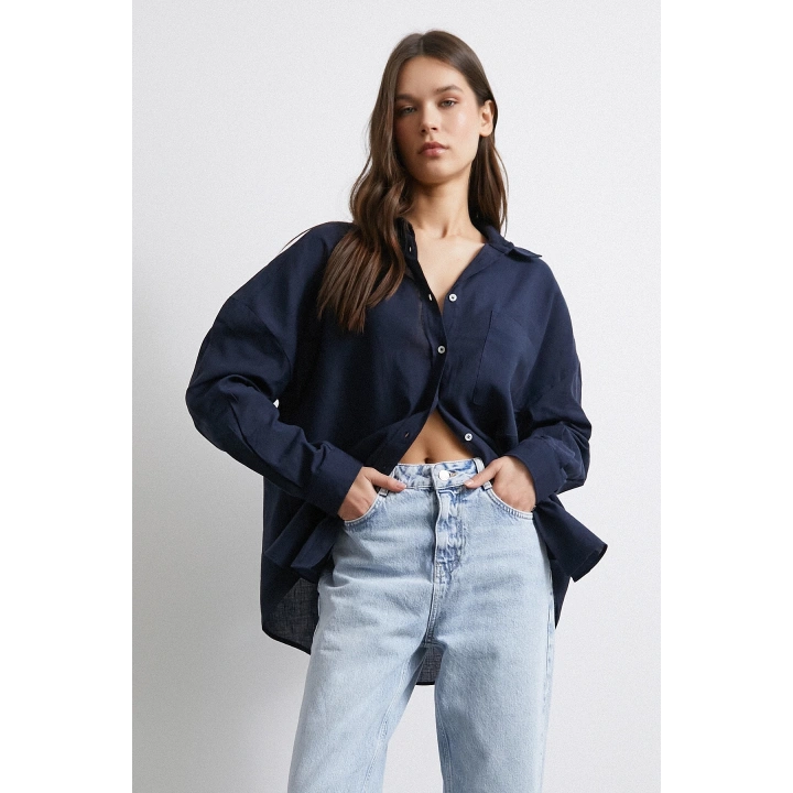 Cepli Oversize Keten Gömlek Lacivert