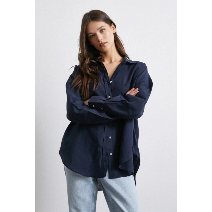 Cepli Oversize Keten Gömlek Lacivert