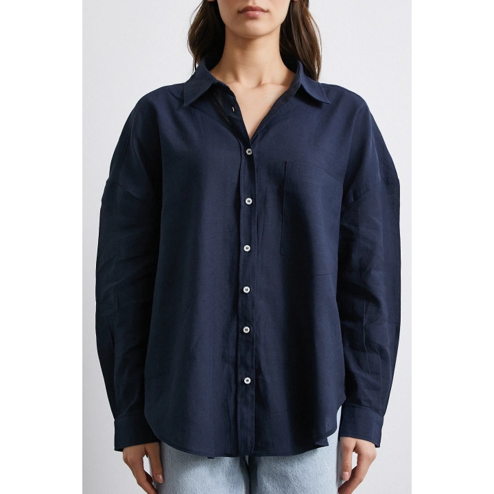 Cepli Oversize Keten Gömlek Lacivert