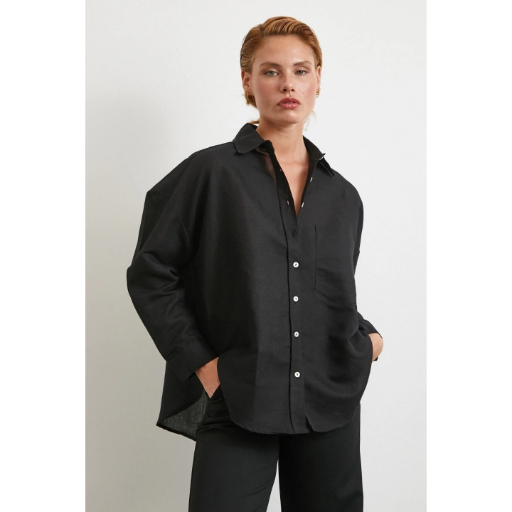 Cepli Oversize Keten Gömlek Siyah