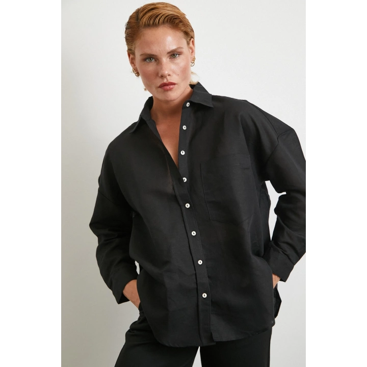 Cepli Oversize Keten Gömlek Siyah