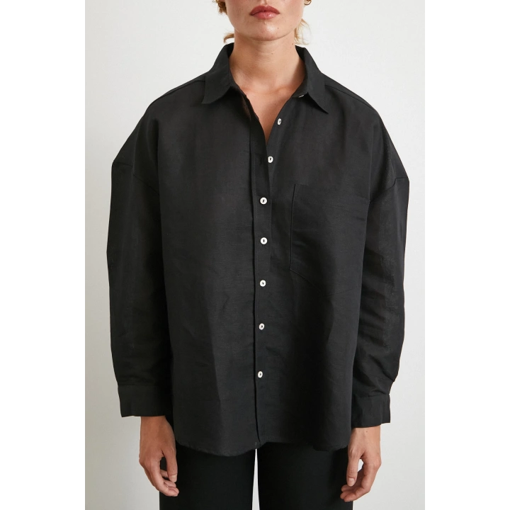 Cepli Oversize Keten Gömlek Siyah