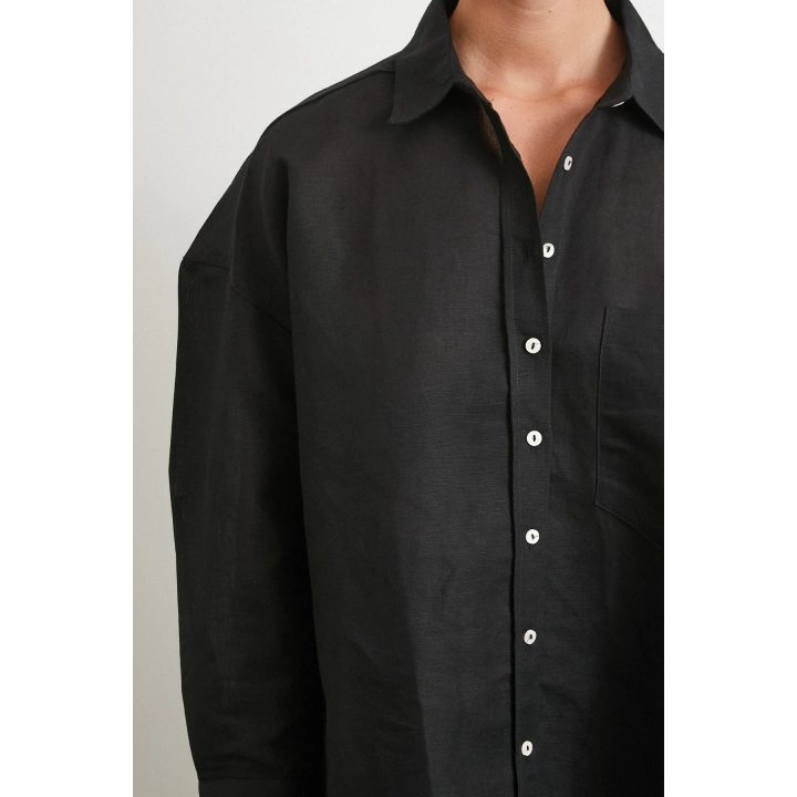 Cepli Oversize Keten Gömlek Siyah