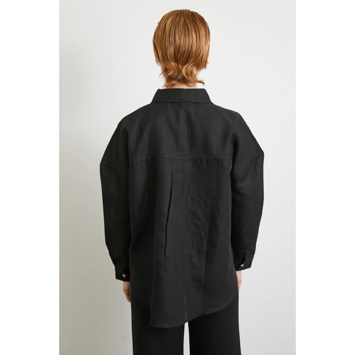 Cepli Oversize Keten Gömlek Siyah