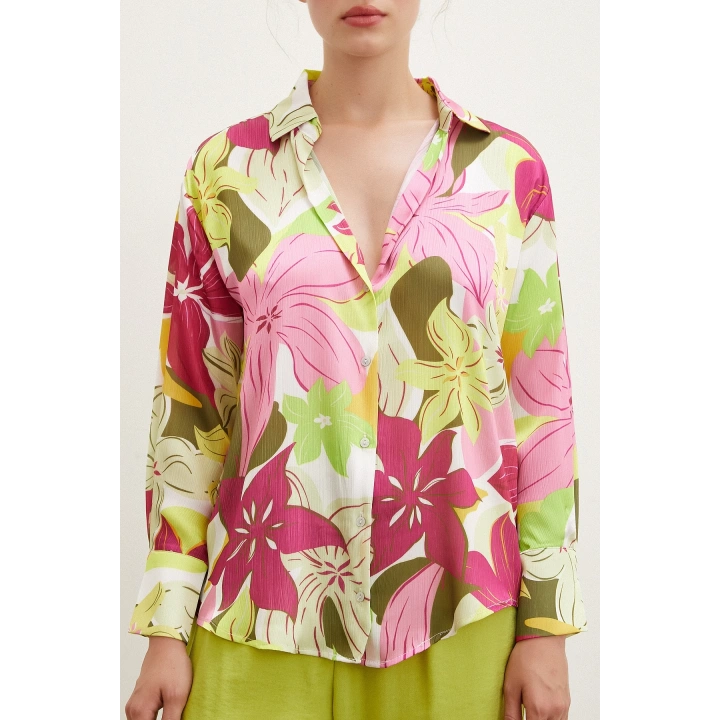 Çiçek Desen Saten Gömlek Pembe