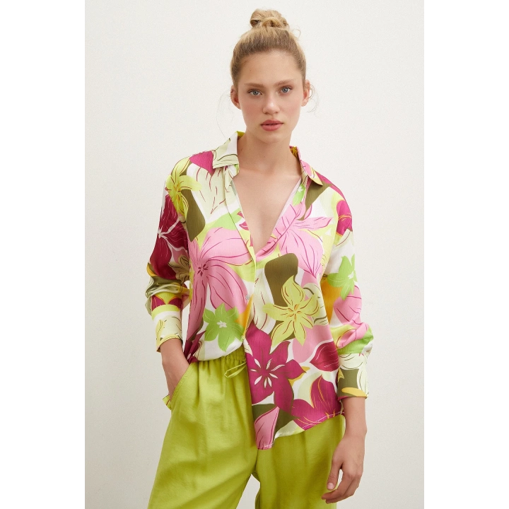 Çiçek Desen Saten Gömlek Pembe