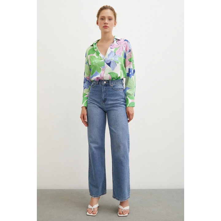 Çiçek Desen Saten Gömlek Yeşil