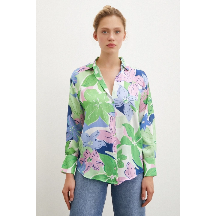 Çiçek Desen Saten Gömlek Yeşil