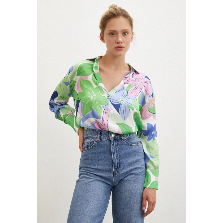 Çiçek Desen Saten Gömlek Yeşil