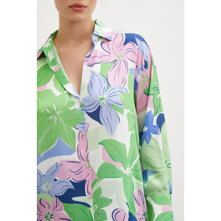 Çiçek Desen Saten Gömlek Yeşil