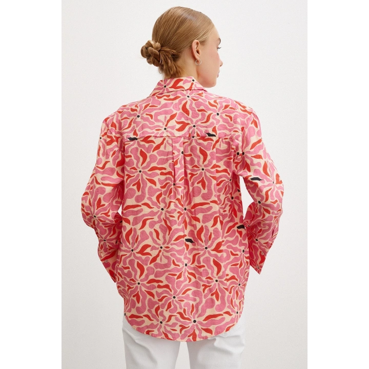 Çiçek Desen V Yaka Modal Gömlek Fuşya