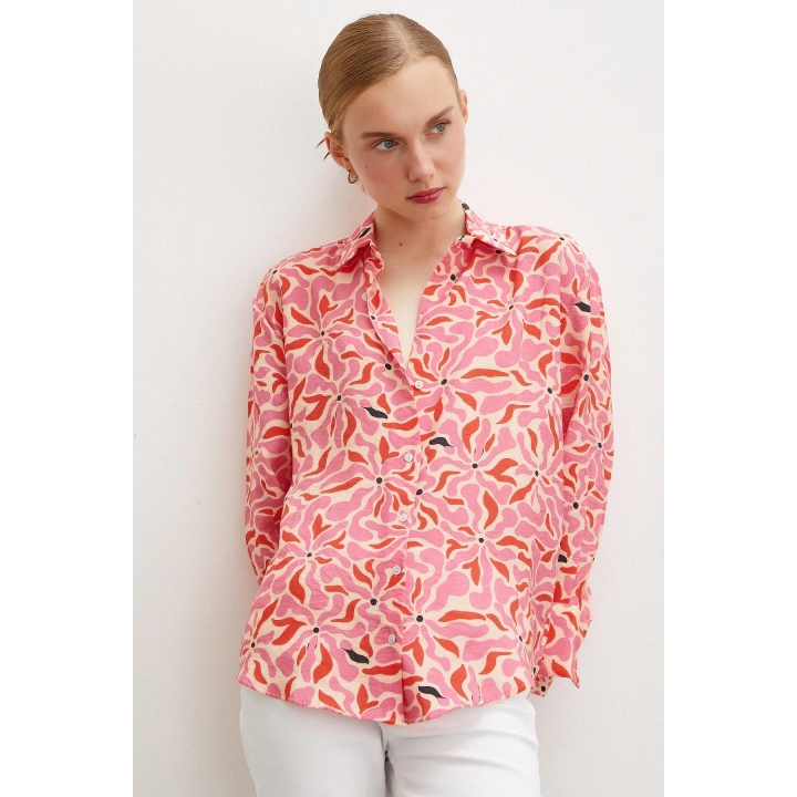 Çiçek Desen V Yaka Modal Gömlek Fuşya