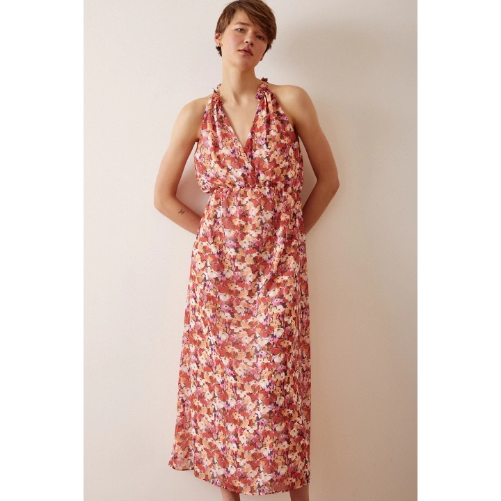 Çiçek Desenli Askılı Elbise Krem