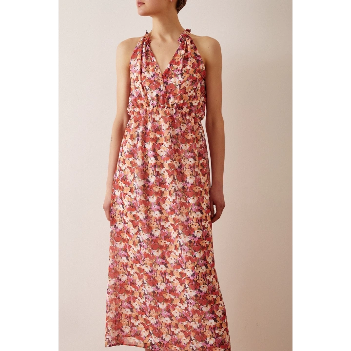 Çiçek Desenli Askılı Elbise Krem