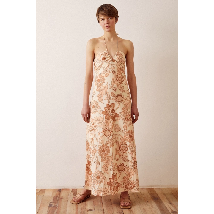 Çiçek Desenli Askılı Elbise Sarı