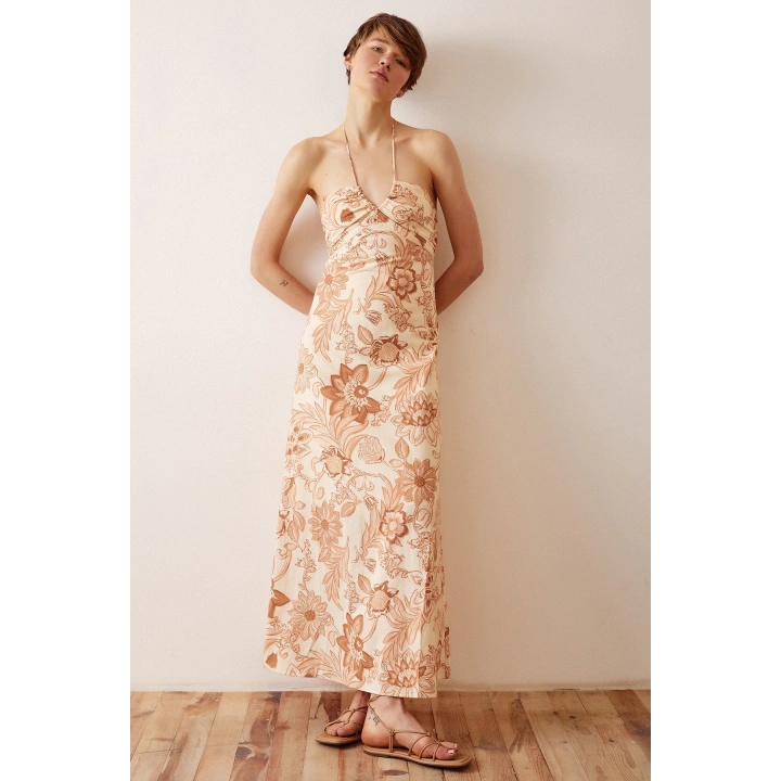 Çiçek Desenli Askılı Elbise Sarı