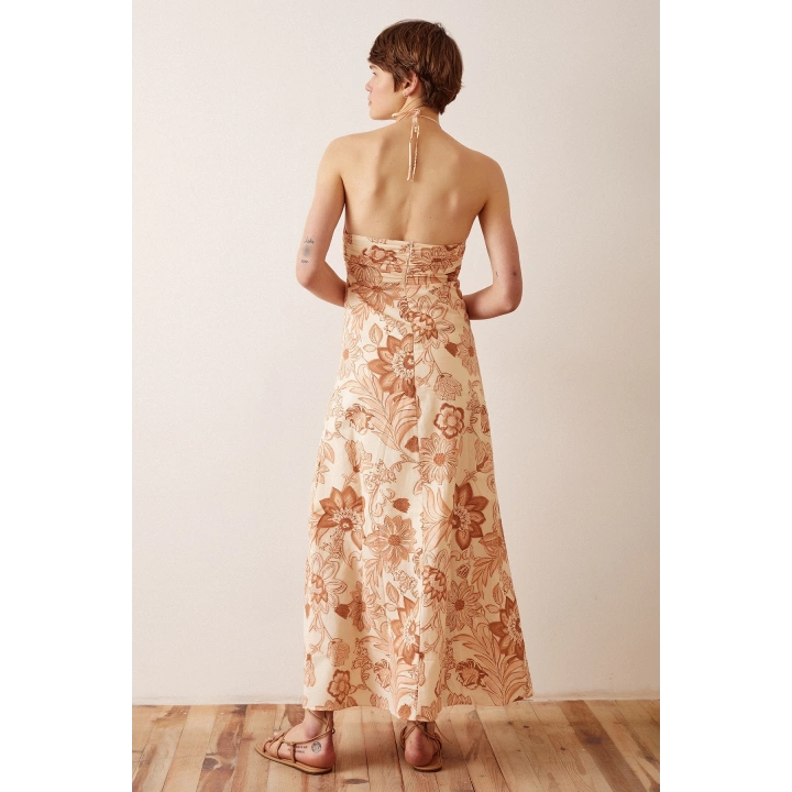 Çiçek Desenli Askılı Elbise Sarı