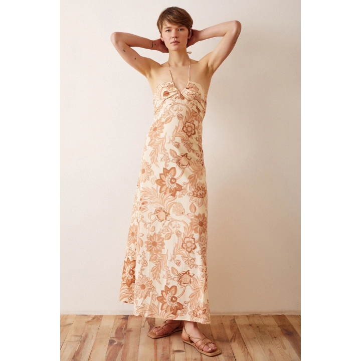 Çiçek Desenli Askılı Elbise Sarı