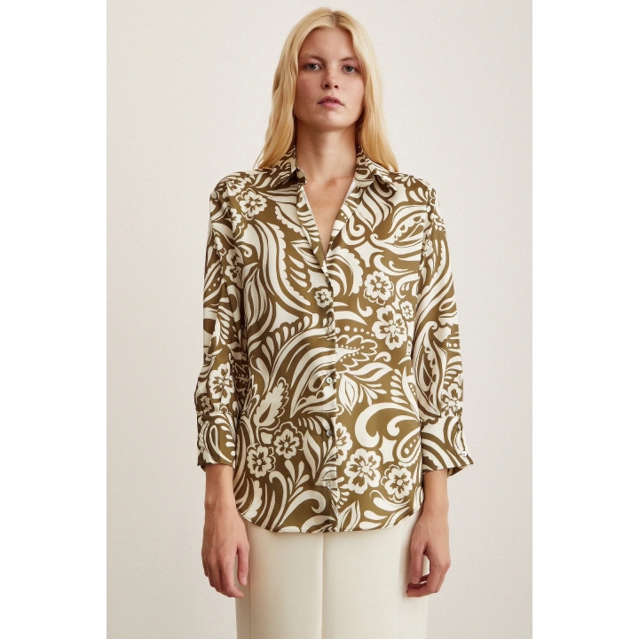 Çiçek Desenli Gömlek Haki
