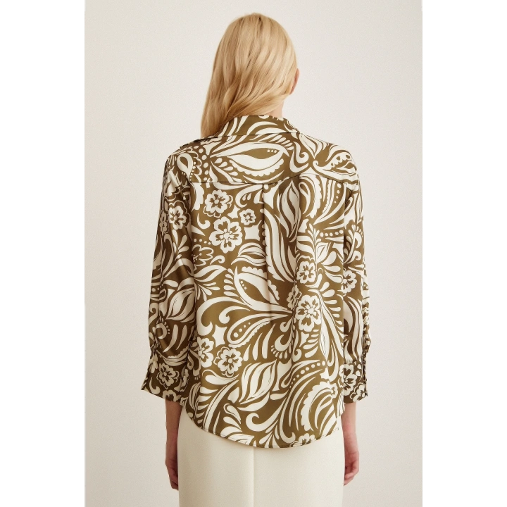 Çiçek Desenli Gömlek Haki